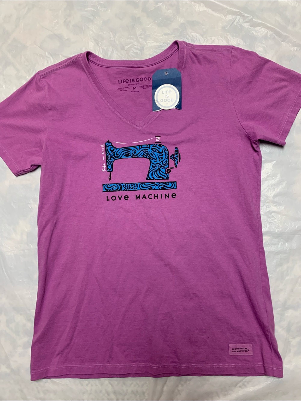 Life Is Good Love Machine Sewing T Shirt Purple NWT Size Medium 100% Cotton